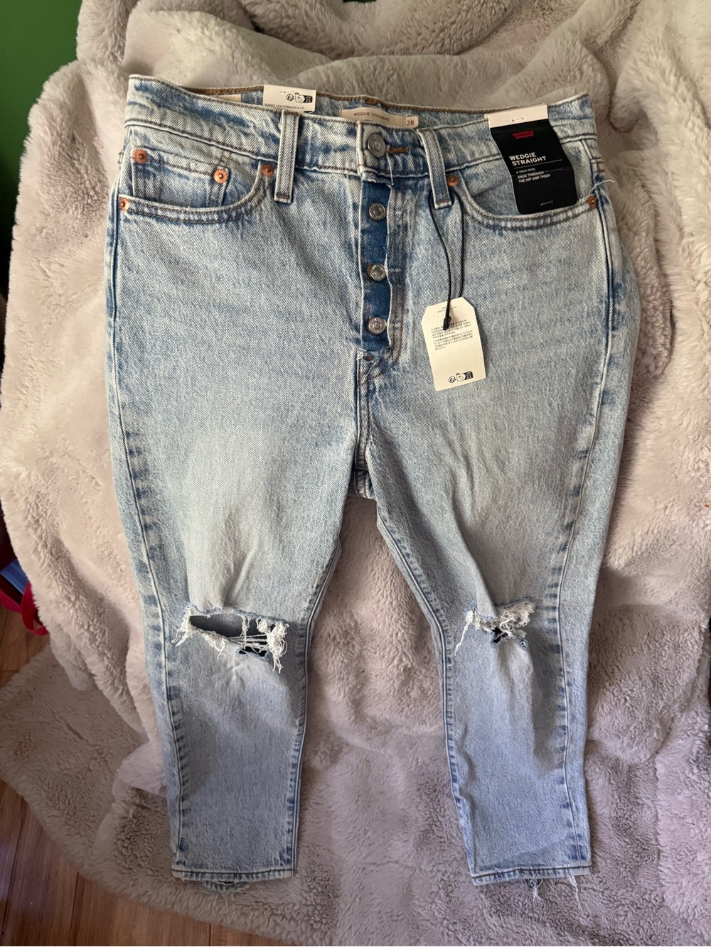 Levi's wedgie straight Light Blue Distressed Boyfriend Jeans with Button-Fly